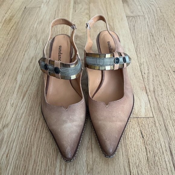 Sundance Brown Leather Slingback Heels Women's Size 38.5 - Picture 2 of 10